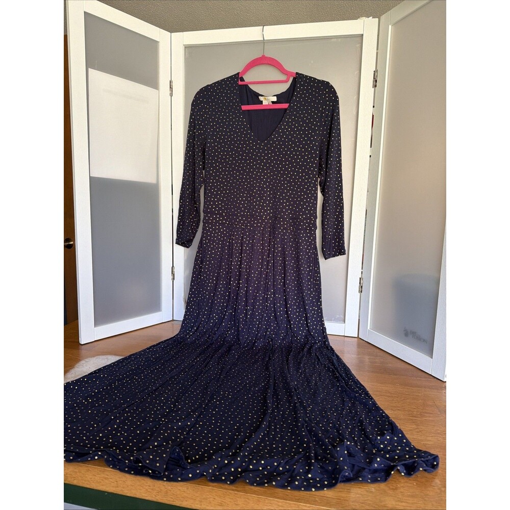 Boden 8L Navy Blue Gold Spot Jersey Long Flare Maxi Dress Tall Long Sleeve
